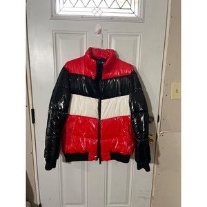 Boohoo Man red white black striped zippered puffer jacket size medium